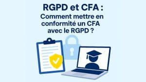 Illustration professionnelle d’un CFA avec ordinateur, apprenant et icônes de protection des données, symbolisant la mise en conformité RGPD.