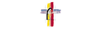 Logo officiel du Diocèse de Carcassonne et Narbonne, représentant une croix stylisée avec des traits rouges, jaunes et bleus, et une arche noire centrale.