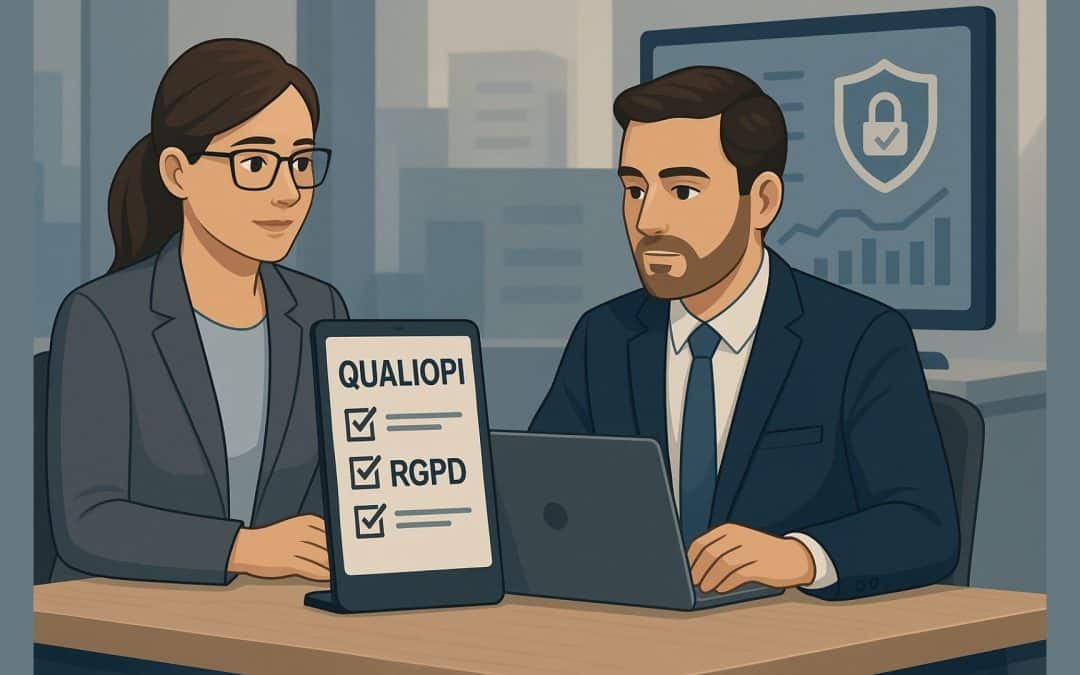 Deux professionnels préparent un audit Qualiopi en conformité avec le RGPD, avec une checklist numérique et un écran affichant la sécurité des données.
