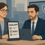 Deux professionnels préparent un audit Qualiopi en conformité avec le RGPD, avec une checklist numérique et un écran affichant la sécurité des données.