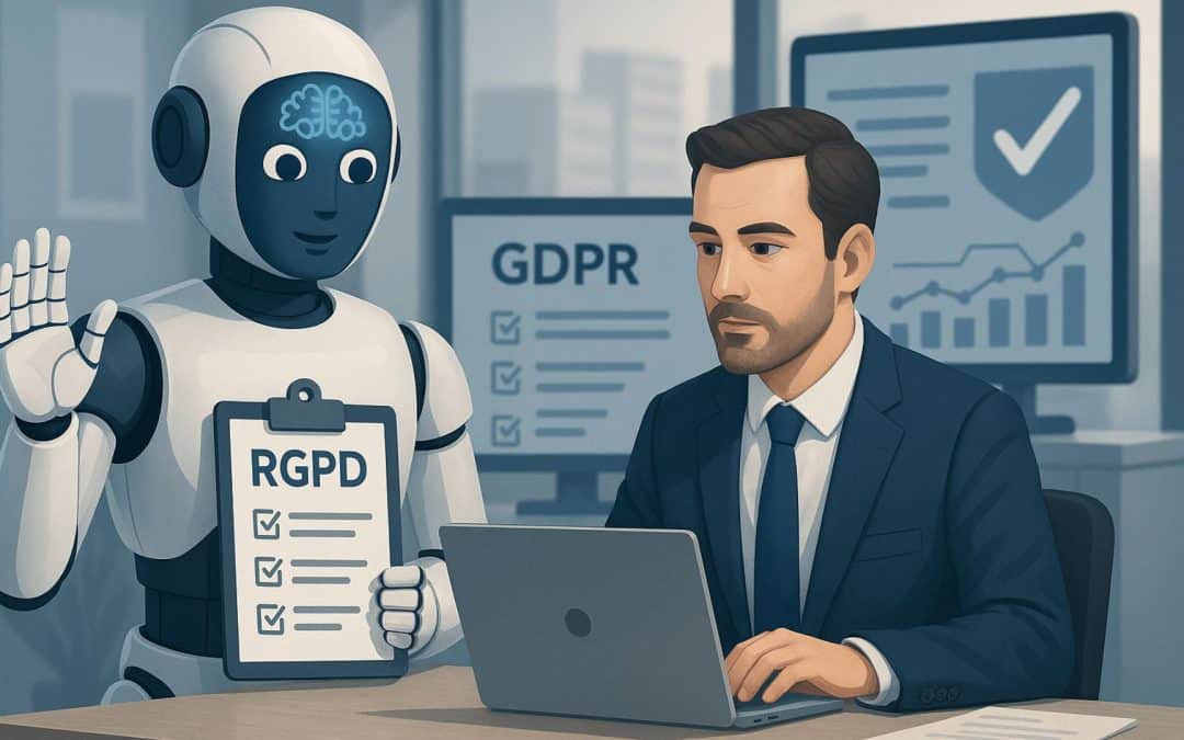 Illustration réaliste d’un agent IA assistant un professionnel dans la gestion d’un logiciel RGPD, avec un dossier de conformité et des écrans de suivi en arrière-plan.