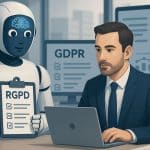Illustration réaliste d’un agent IA assistant un professionnel dans la gestion d’un logiciel RGPD, avec un dossier de conformité et des écrans de suivi en arrière-plan.