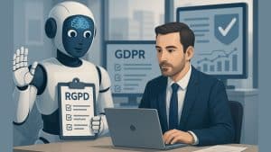 Illustration réaliste d’un agent IA assistant un professionnel dans la gestion d’un logiciel RGPD, avec un dossier de conformité et des écrans de suivi en arrière-plan.