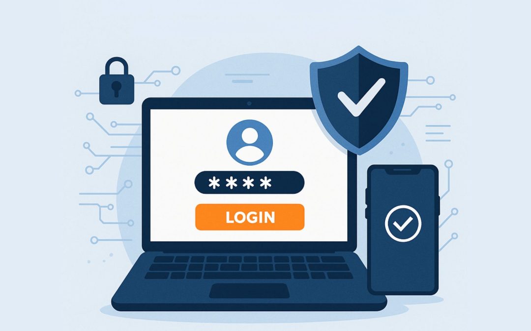 Illustration représentant la double authentification 2026 avec un ordinateur, un smartphone et un bouclier pour symboliser la sécurisation des accès.