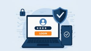 Illustration représentant la double authentification 2026 avec un ordinateur, un smartphone et un bouclier pour symboliser la sécurisation des accès.