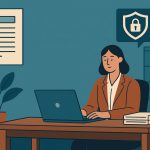 Illustration représentant une responsable d’économat travaillant sur un ordinateur, avec des éléments visuels liés à la protection des données.