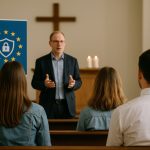 Séminaire sur la protection des données et les obligations RGPD au sein d’une congrégation religieuse, avec un intervenant s’adressant aux membres dans une église.