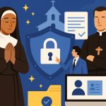 Illustration représentant une congrégation religieuse avec des symboles de sécurité numérique, utilisée pour illustrer la protection des données et la conformité RGPD dans les communautés religieuses.